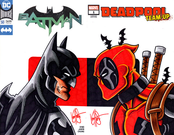 DF MARVEL DC COMICS COMMISSIONED COVER ART BLANK VARIANT TWO PART CONNECTING SKETCH SET SIGNED AND REMARKED BY KEN HAESER WITH DEADPOOL VS BATMAN SKETCH (Limit 1 Per Customer) (rel:11/26)