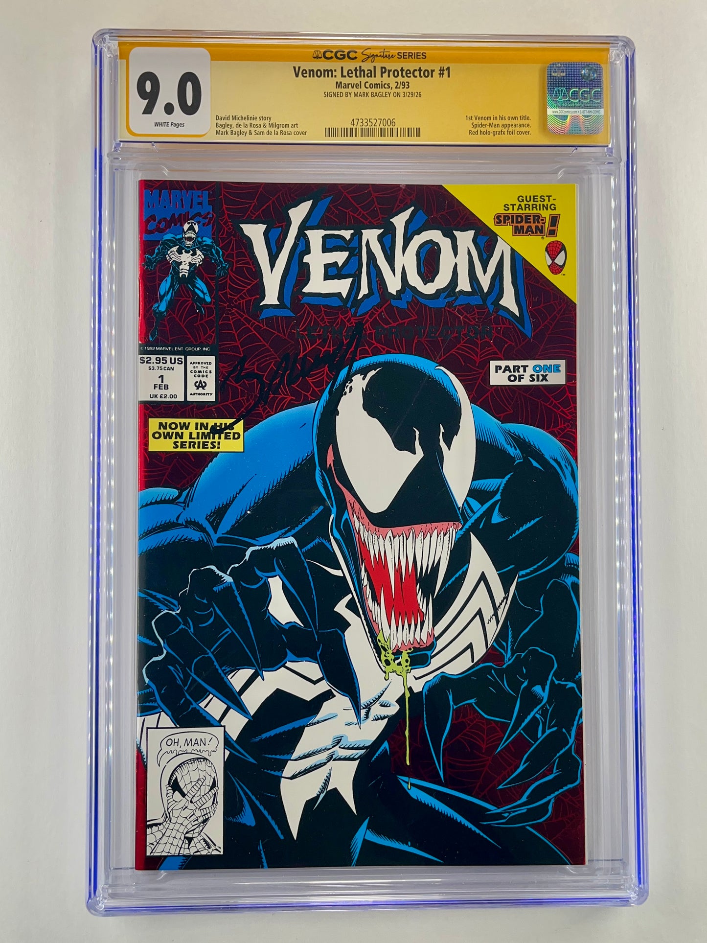 Venom: Lethal Protector #1 Foil Variant CGC 9.0 (Feb 1993) (Signed by Mark Bagley)