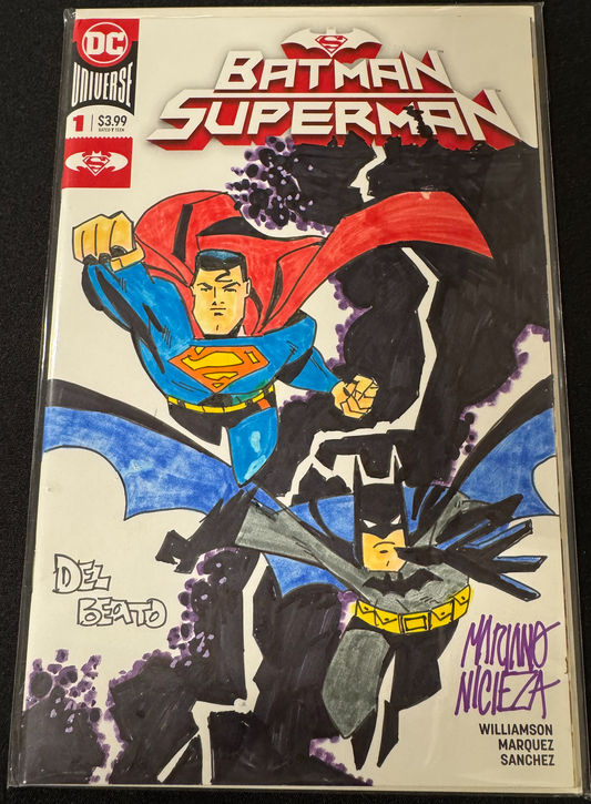DF BATM/SUPERMAN #1 BLANK COVER ART SIGNED AND REMARKED BY JOE DELBEATO AND MARIANO NICIEZA WITH BATMAN/SUPERMAN SKETCH (Limit 1 Per Customer) (rel:11/26)
