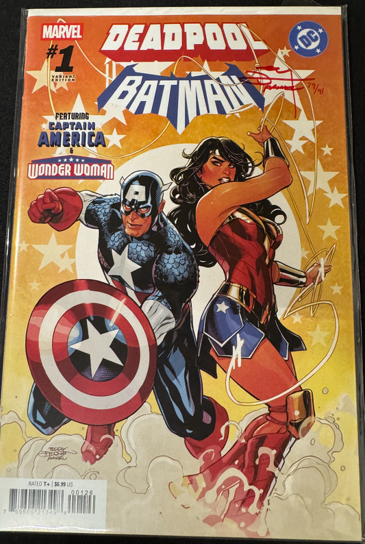 DF DEADPOOL BATMAN #1 BLOOD RED SIGNATURE SERIES SIGNED BY TERRY AND RACHEL DODSON  (Limit 1 Per Customer) (rel:11/26)